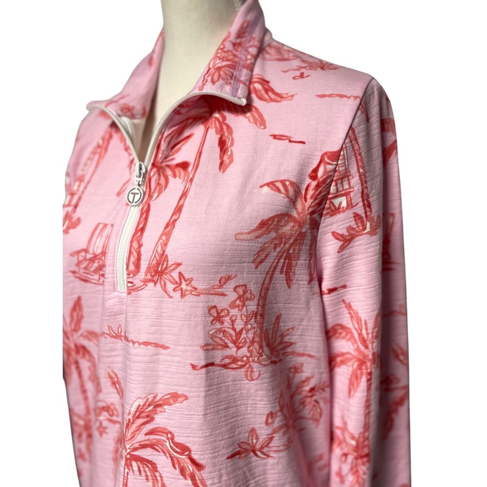 Talbots Pink Pullover with Coral Palm Print Quarter Zip